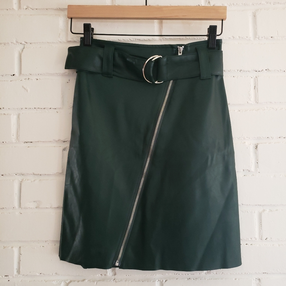 Stelen Green Faux Leather Asymmetrical Zip Skirt
